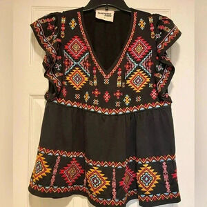 Savannah Jane Womens Boho Embroidered short Sleeve Peasant Pullover small top